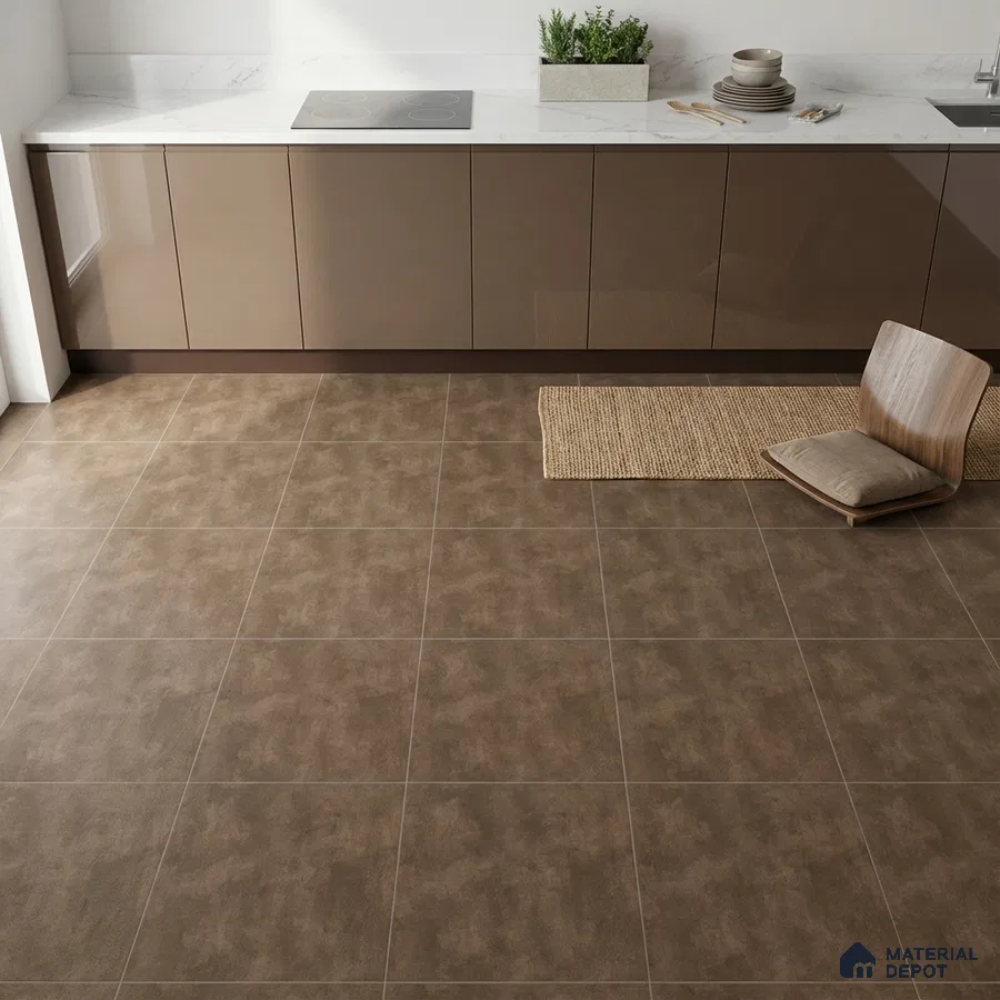 Minimalist kitchen with glossy taupe laminate cabinets, white marble countertop, and matte brown stone floor tiles