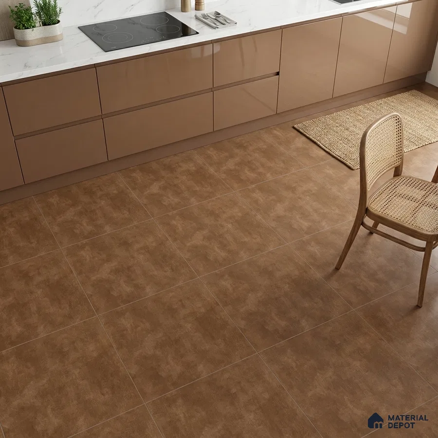 Modern kitchen with glossy taupe laminate cabinets, white marble countertop, and matte brown floor tiles