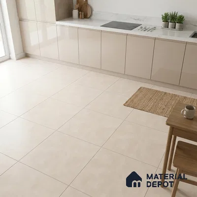 Modern kitchen with glossy beige laminate cabinets and white marble countertop