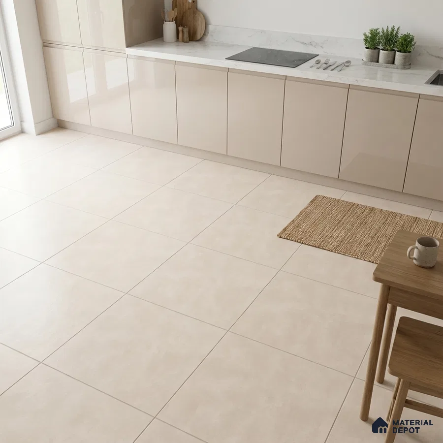 Modern kitchen with glossy beige laminate cabinets and white marble countertop