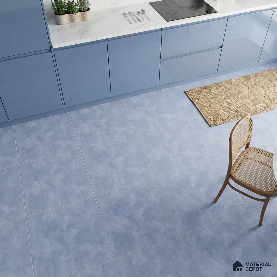 Modern kitchen with pastel blue high gloss laminate cabinets, white marble-look countertop, and light blue floor tiles