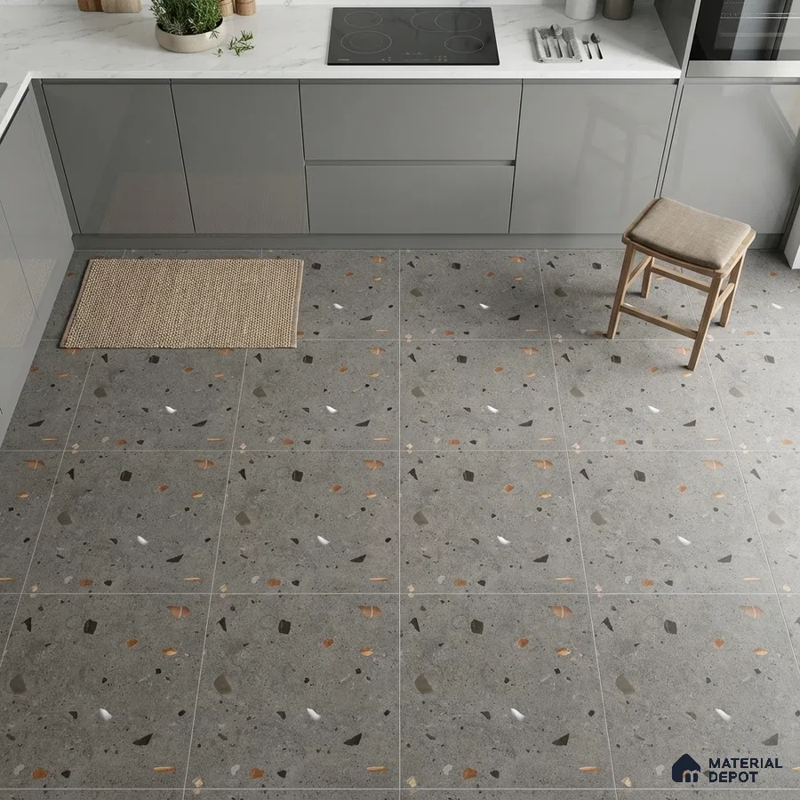Modern kitchen with grey high gloss laminate cabinets, white marble countertop, and grey terrazzo floor tiles