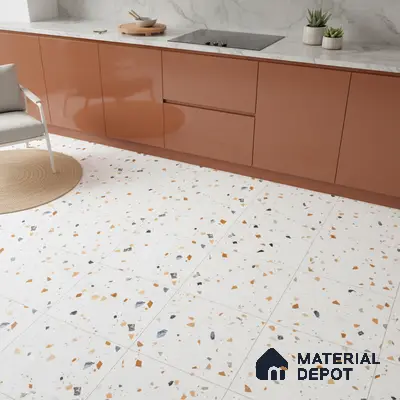 Modern kitchen with terracotta high gloss laminate cabinets, white marble backsplash, and terrazzo floor tiles