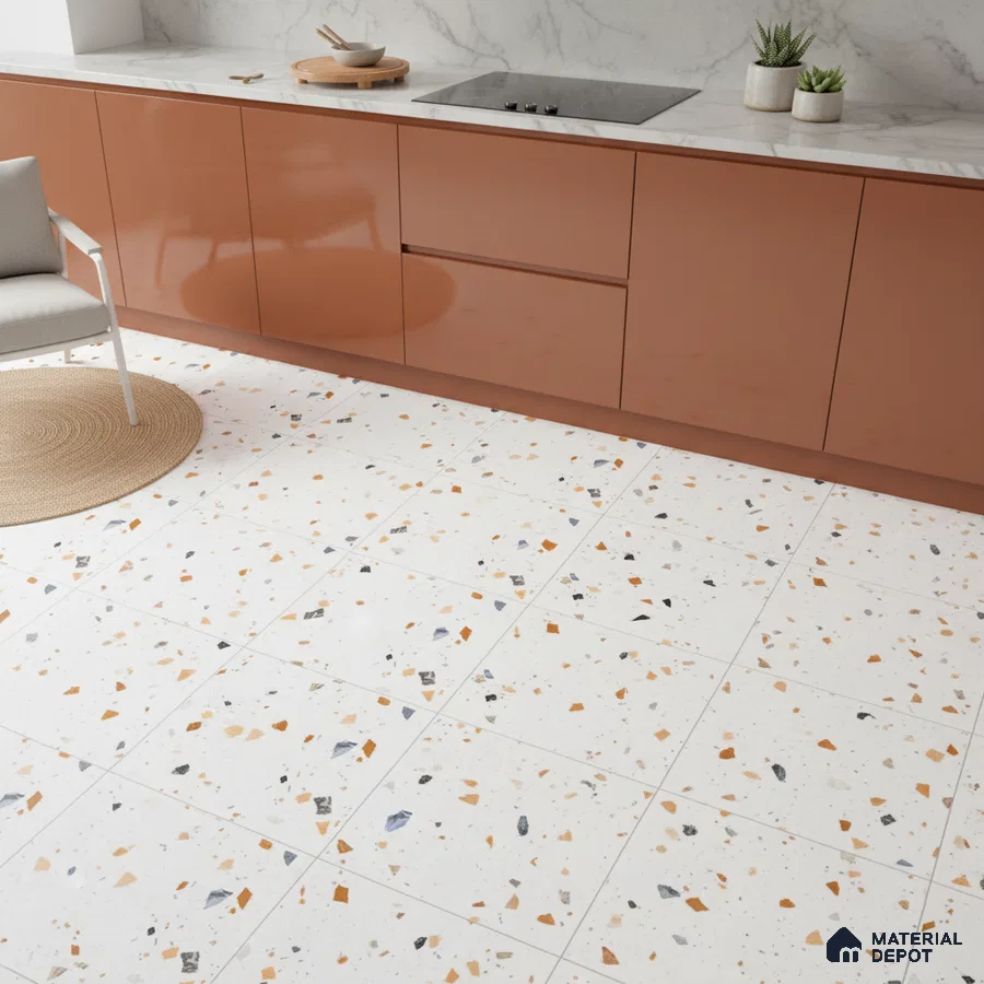 Modern kitchen with terracotta high gloss laminate cabinets, white marble backsplash, and terrazzo floor tiles