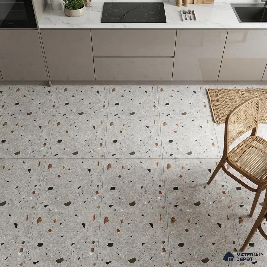Modern kitchen with taupe laminate cabinets, white marble-look quartz countertop, and grey terrazzo floor tiles