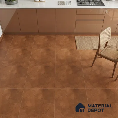 Modern kitchen with glossy brown laminate cabinets, white marble-look countertop, and terracotta floor tiles