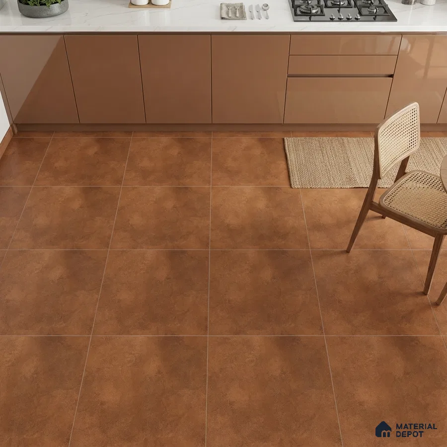 Modern kitchen with glossy brown laminate cabinets, white marble-look countertop, and terracotta floor tiles