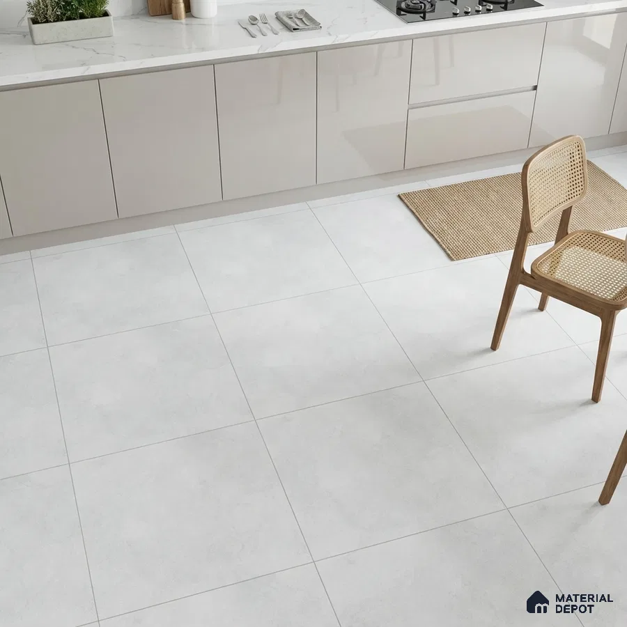 Minimalist kitchen with glossy beige laminate cabinets, white marble countertop, and matte white floor tiles
