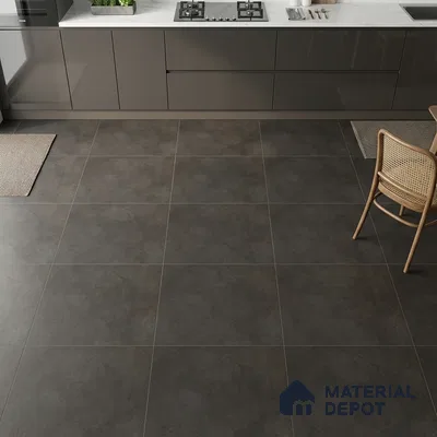 Modern kitchen with grey matte laminate cabinets and charcoal stone-look floor tiles
