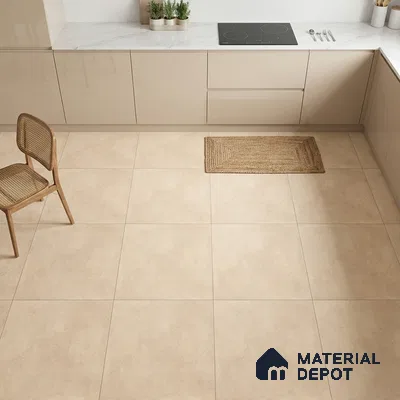 Minimalist kitchen with beige high gloss laminate cabinets and marble countertop with large beige floor tiles