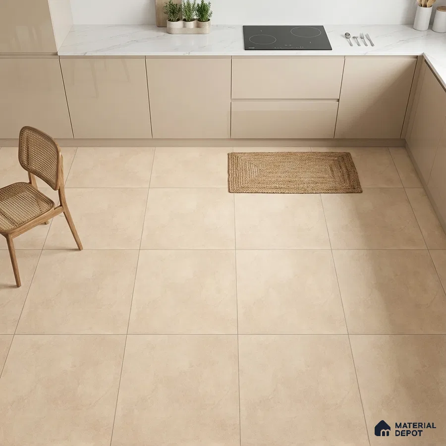 Minimalist kitchen with beige high gloss laminate cabinets and marble countertop with large beige floor tiles
