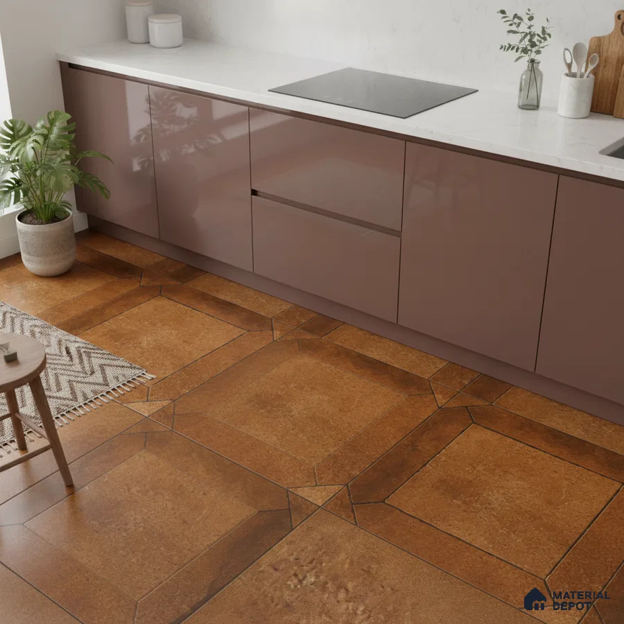Modern kitchen with mauve high gloss laminate cabinets, white marble countertop, and terracotta geometric floor tiles