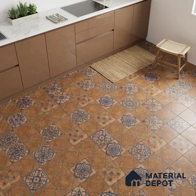 Modern kitchen with glossy taupe laminate cabinets, white marble countertop, and blue patterned terracotta floor tiles