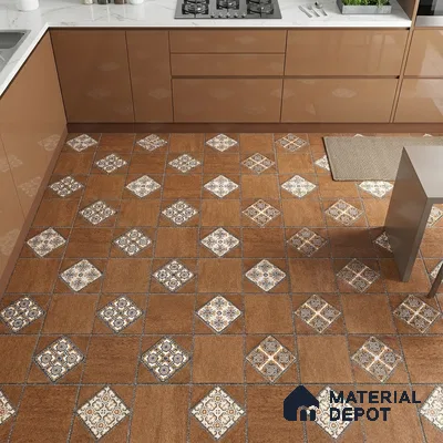 Modern kitchen with glossy brown laminate cabinets and patterned brown and white moroccan floor tiles