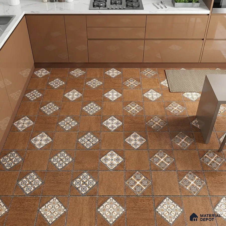 Modern kitchen with glossy brown laminate cabinets and patterned brown and white moroccan floor tiles