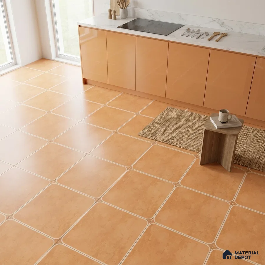 Modern kitchen with glossy peach laminate cabinets and terracotta square floor tiles