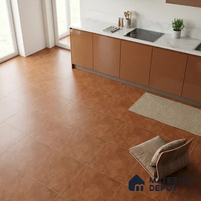 Modern kitchen with glossy brown laminate cabinets and terracotta floor tiles