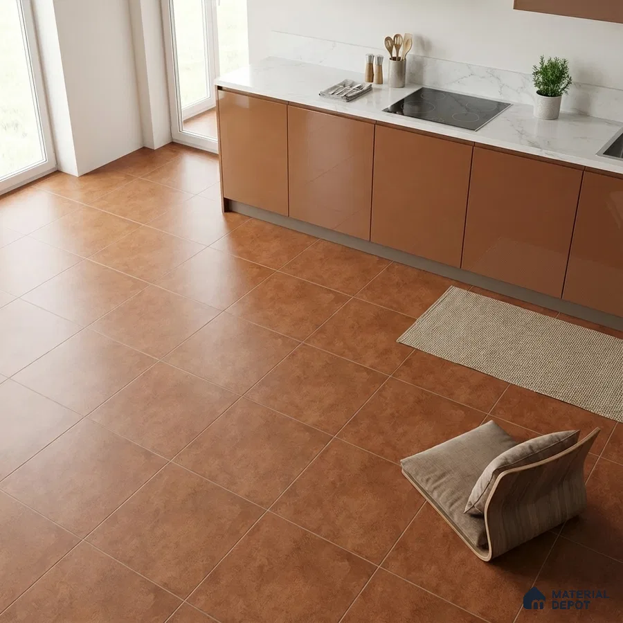 Modern kitchen with glossy brown laminate cabinets and terracotta floor tiles