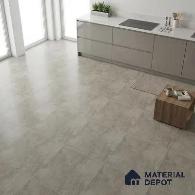 Minimalist kitchen with light grey matte floor tiles and glossy taupe laminate cabinets