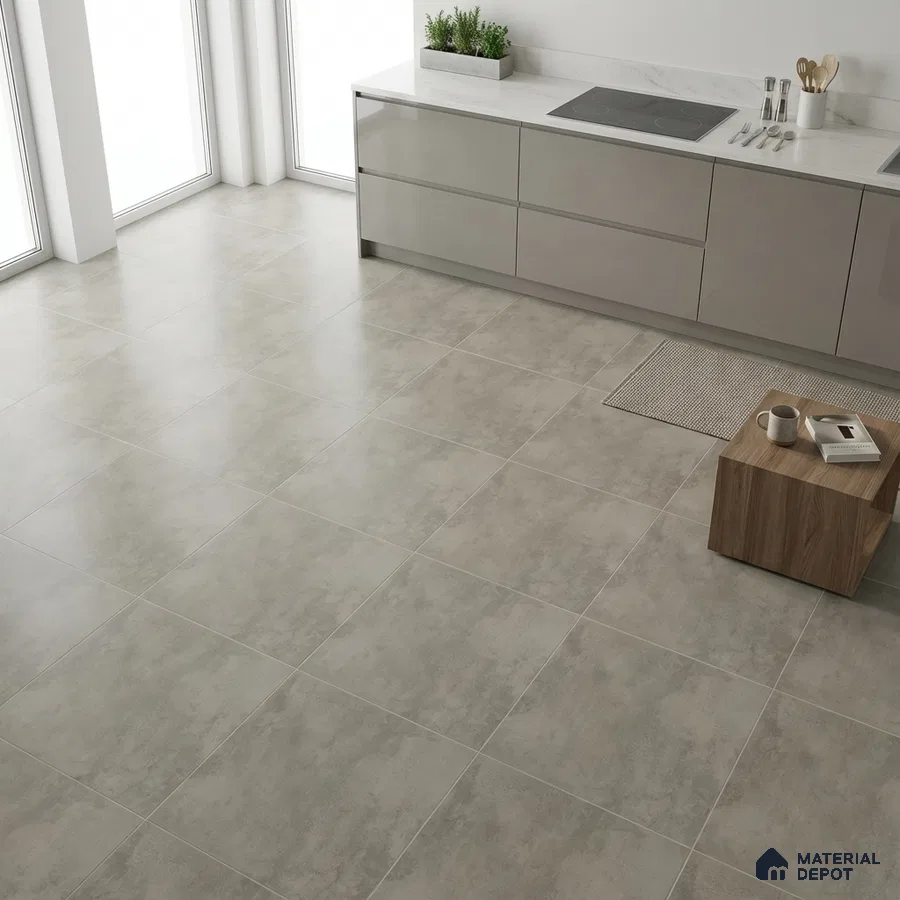 Minimalist kitchen with light grey matte floor tiles and glossy taupe laminate cabinets