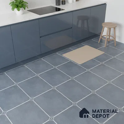 Modern kitchen with blue high gloss laminate cabinets, white marble-look quartz countertop, and blue geometric floor tiles