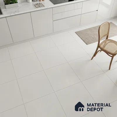 Minimalist kitchen with frosty white high gloss laminate cabinets, white marble countertop, and matte white floor tiles