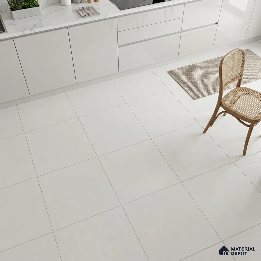 Minimalist kitchen with frosty white high gloss laminate cabinets, white marble countertop, and matte white floor tiles