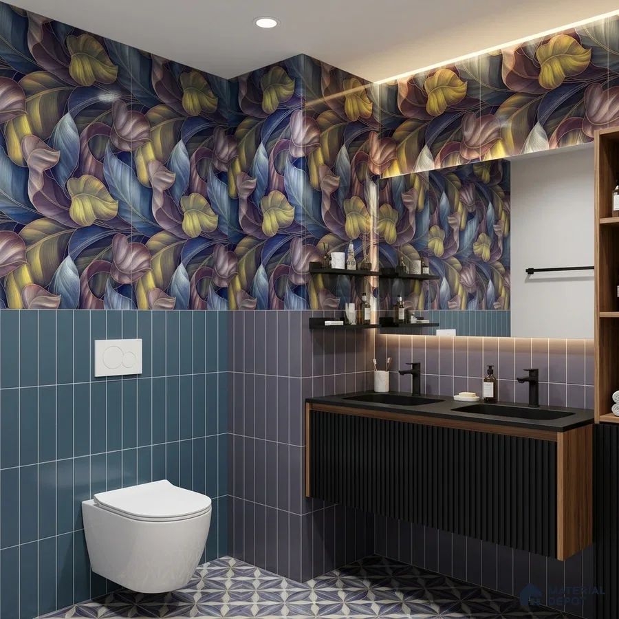Modern bathroom with floral highlighter wall tile, blue subway wall tile, and geometric patterned floor tile