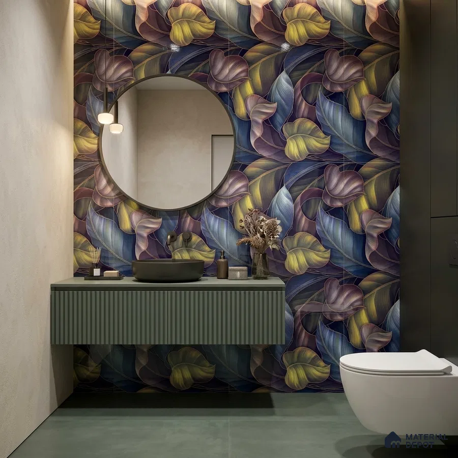 Modern bathroom with floral highlighter wall tiles and sage green fluted vanity