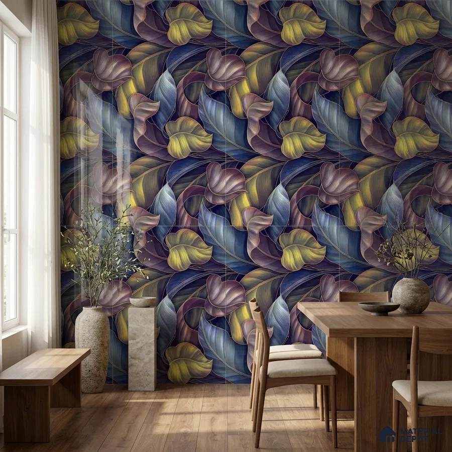 Eclectic dining room with bold floral tile and natural wood furniture
