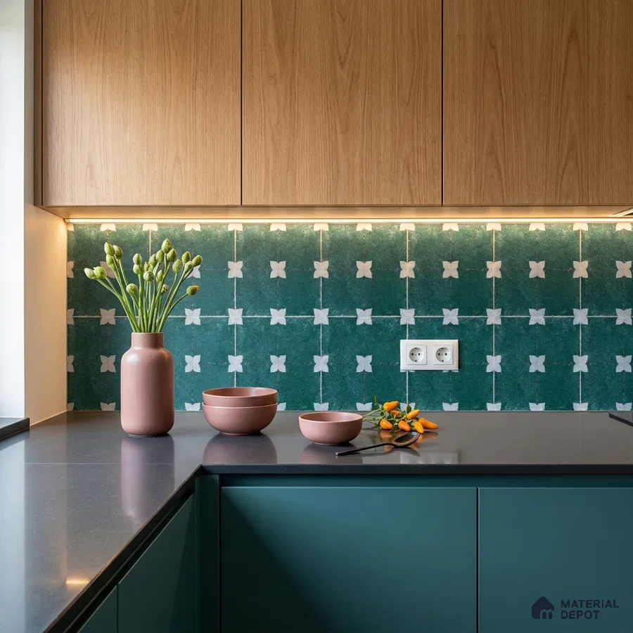 Modern kitchen with teal base laminate, oak wood upper cabinets, and green geometric patterned backsplash tile