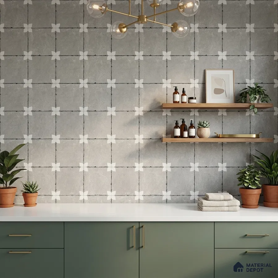 Modern bathroom with sage green laminate vanity, white quartz countertop, and grey floral patterned wall tiles
