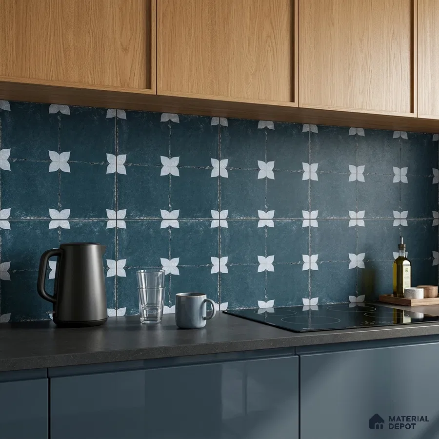 Modern kitchen with oak laminate cabinets, blue patterned backsplash tile, and grey quartz countertop