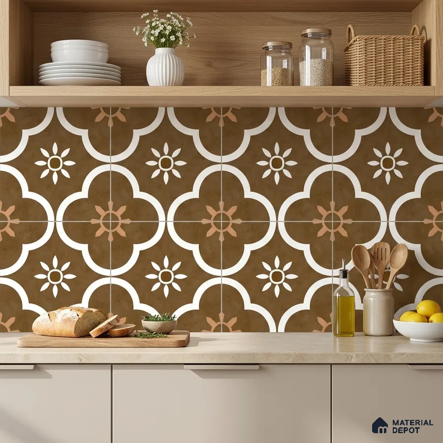 Modern kitchen with brown and white moroccan patterned backsplash tile and beige laminate cabinets