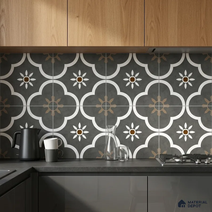 Modern kitchen with oak wood laminate cabinets and black-and-white patterned moroccan backsplash tiles
