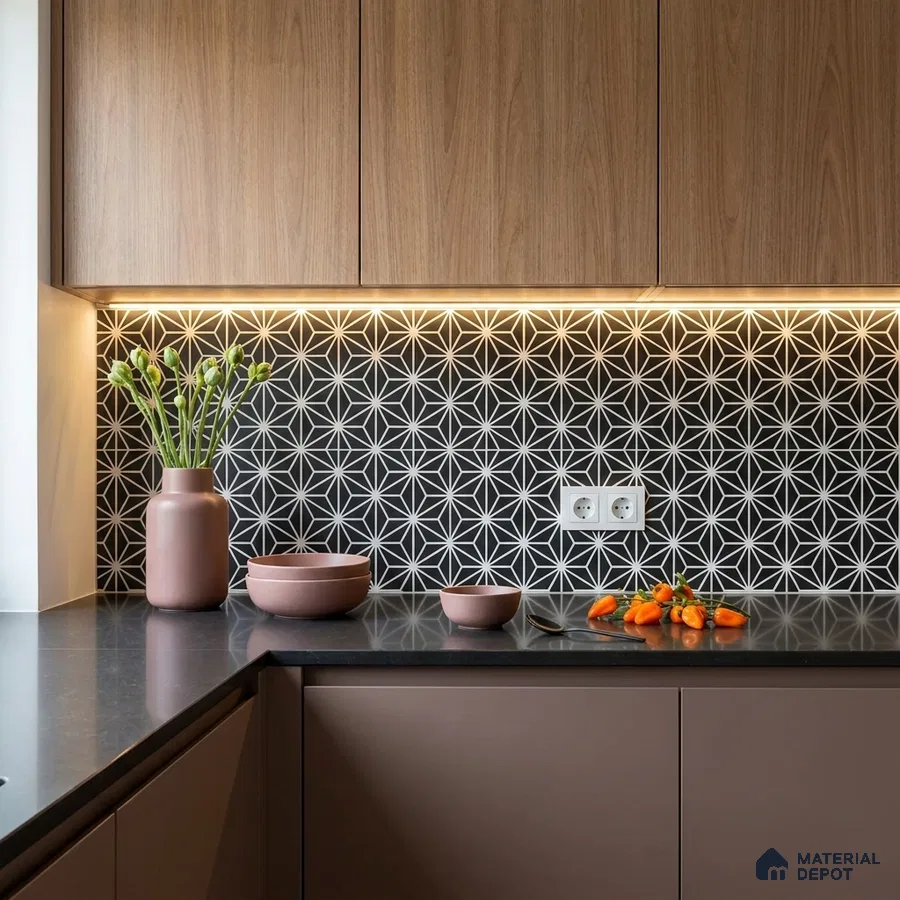Modern kitchen with geometric black-and-white backsplash tile, taupe laminate cabinets, and wood grain upper cabinets