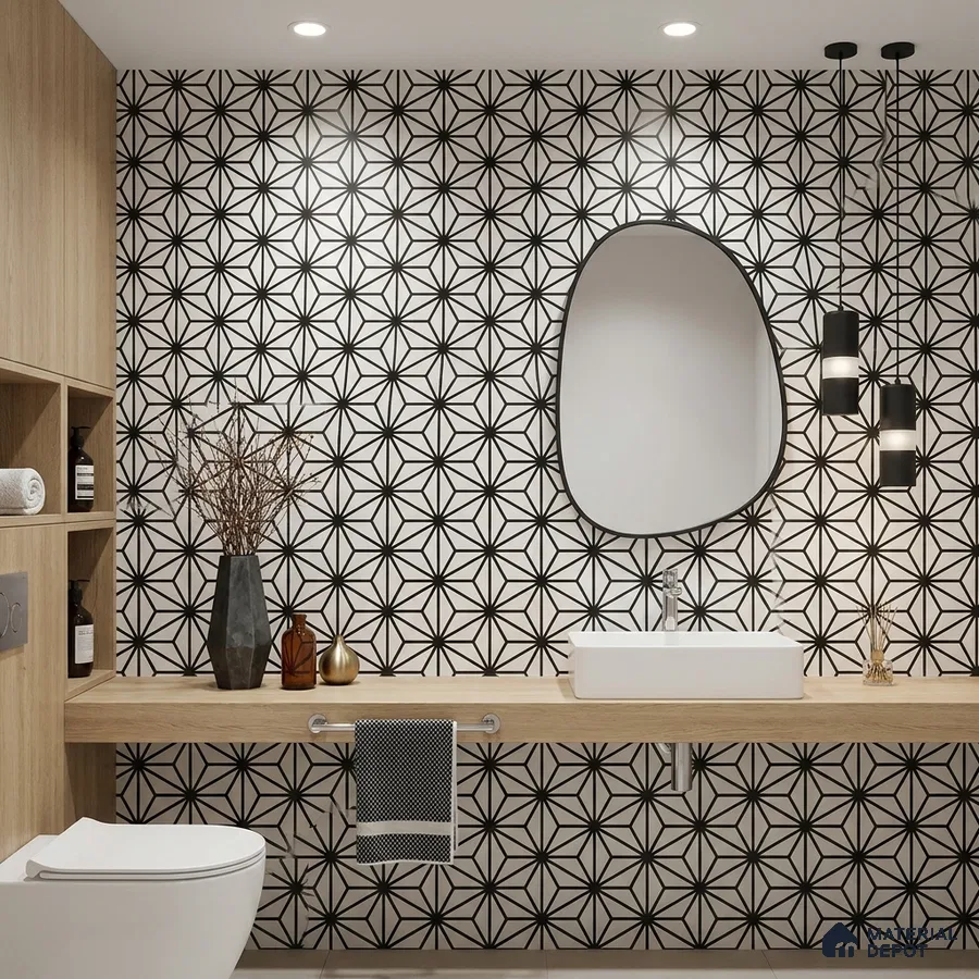 Modern bathroom with black-and-white geometric wall tiles and light oak laminate vanity