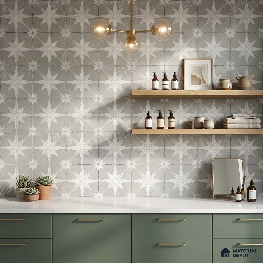 Modern bathroom with sage green laminate vanity, white quartz countertop, and grey star patterned wall tiles