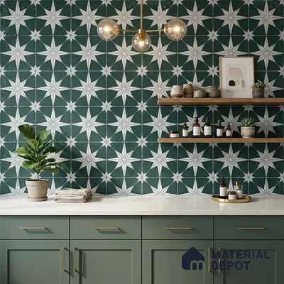 Modern kitchen with sage green laminate cabinets, white quartz countertop, and geometric star patterned wall tile
