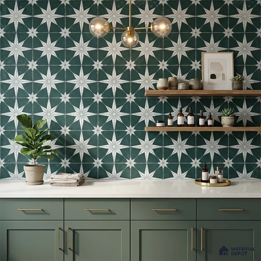 Modern kitchen with sage green laminate cabinets, white quartz countertop, and geometric star patterned wall tile