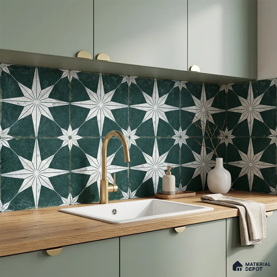 Modern kitchen with sage green laminate cabinets, oak wood countertop, and green star patterned backsplash tiles
