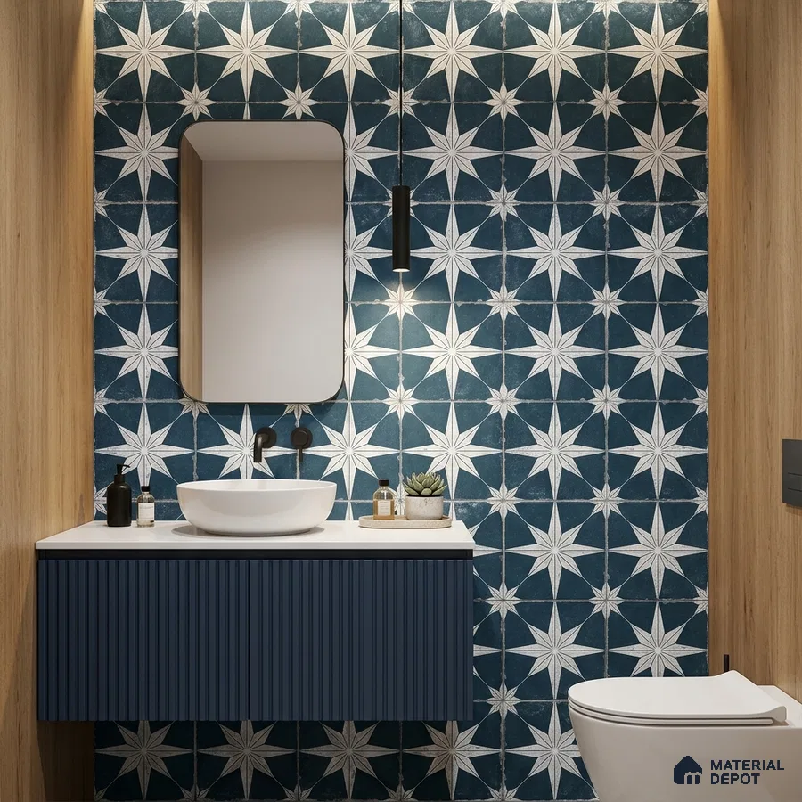 Modern bathroom with blue geometric patterned wall tiles and fluted navy vanity