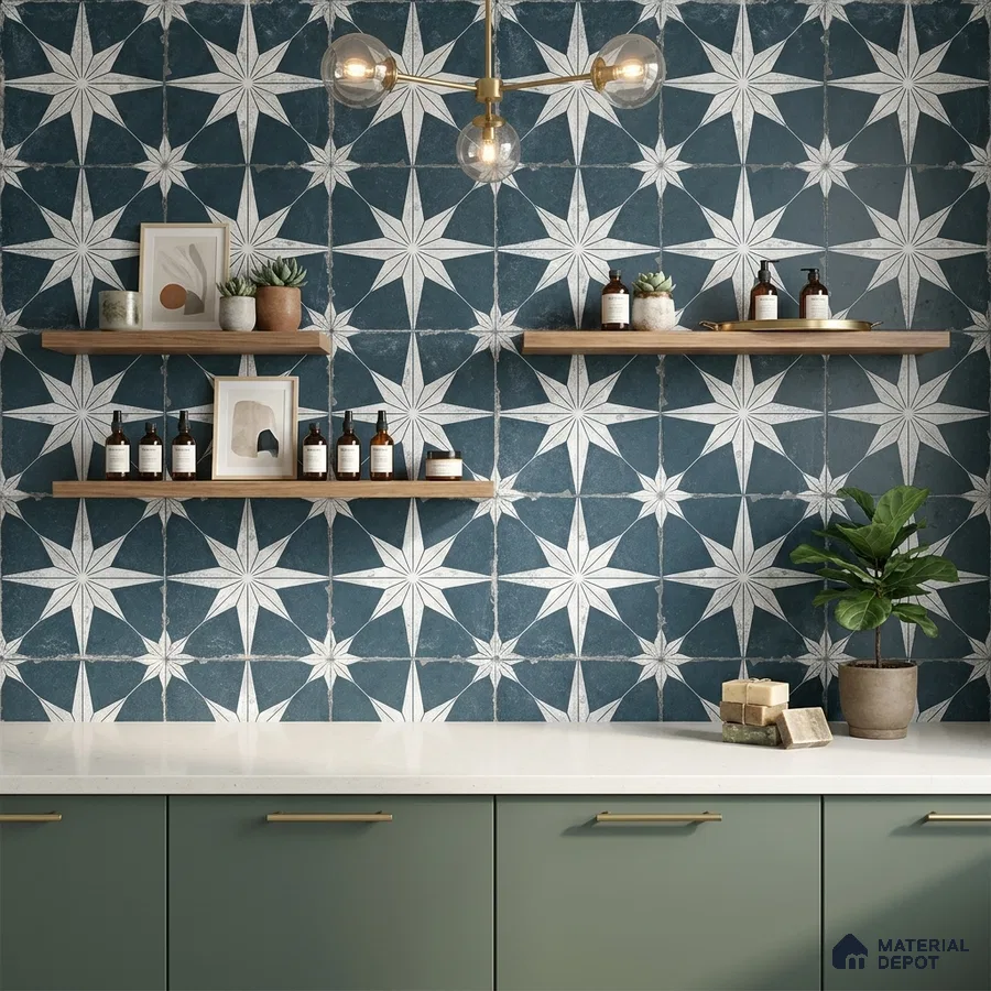 Modern kitchen with blue geometric star patterned wall tiles, sage green laminate cabinets, and white quartz countertop
