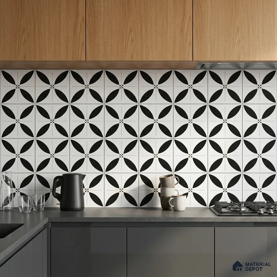 Modern kitchen with oak wood laminate, grey laminate cabinets, and black-and-white geometric backsplash tiles