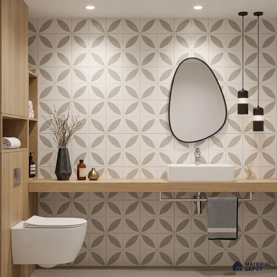Scandinavian bathroom with geometric patterned wall tiles and light oak laminate vanity