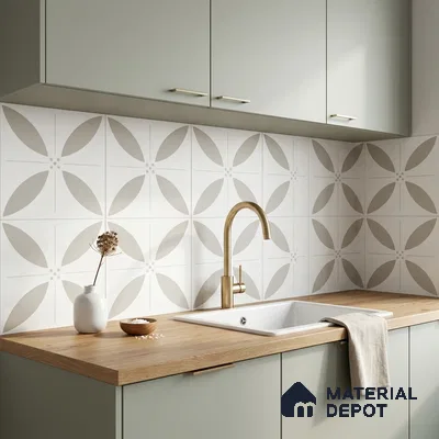 Scandinavian kitchen with sage green laminate cabinets, oak wood countertop, and beige geometric patterned backsplash tiles