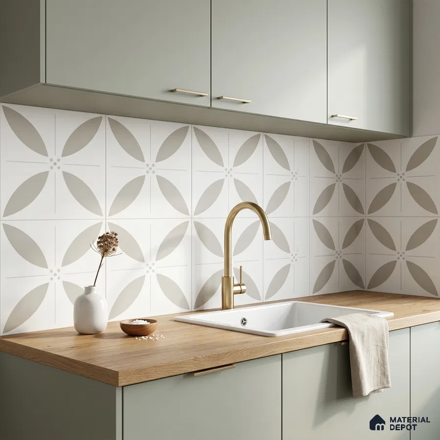 Scandinavian kitchen with sage green laminate cabinets, oak wood countertop, and beige geometric patterned backsplash tiles