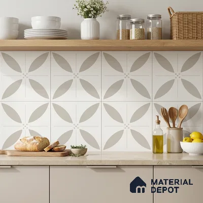 Scandinavian kitchen with beige patterned backsplash tile and light beige laminate cabinets