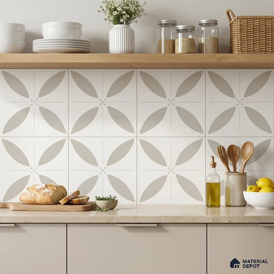 Scandinavian kitchen with beige patterned backsplash tile and light beige laminate cabinets
