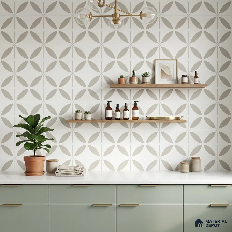 Scandinavian kitchen with sage green laminate cabinets, white quartz countertop, and beige geometric patterned wall tiles